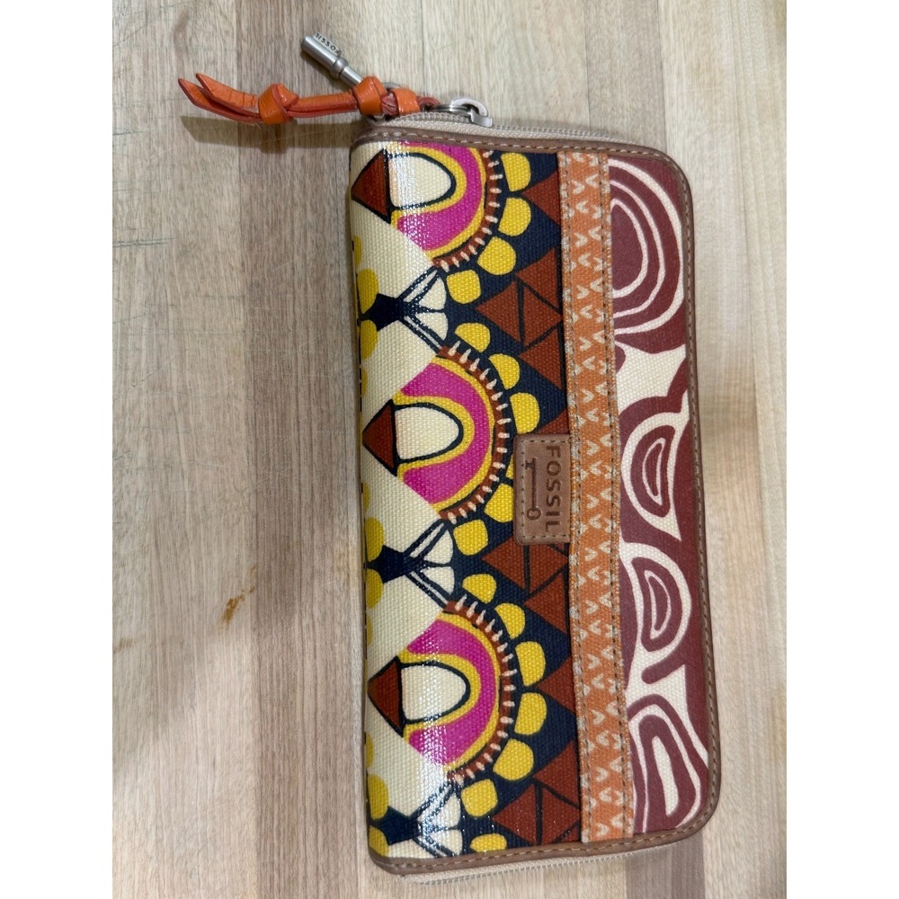 Fossil Key-Per Zip Around Wristlet Card Wallet Coated Canvas Southwest